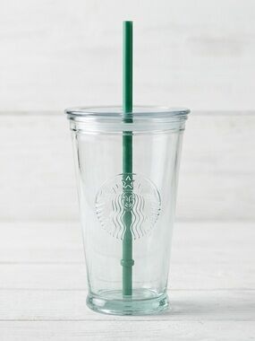 Starbucks 16 oz Recycled Glass Tumbler Cold Cup Siren Logo Lid Green Straw Spain
